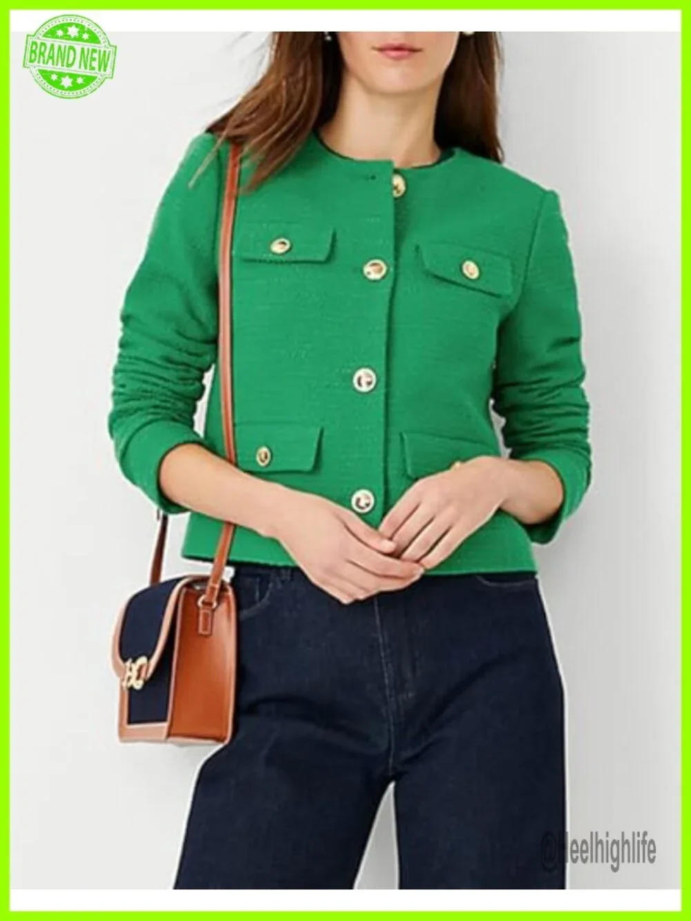 Cropped Tweed Blazer Jacket Collarless Women Business Casual Outfits